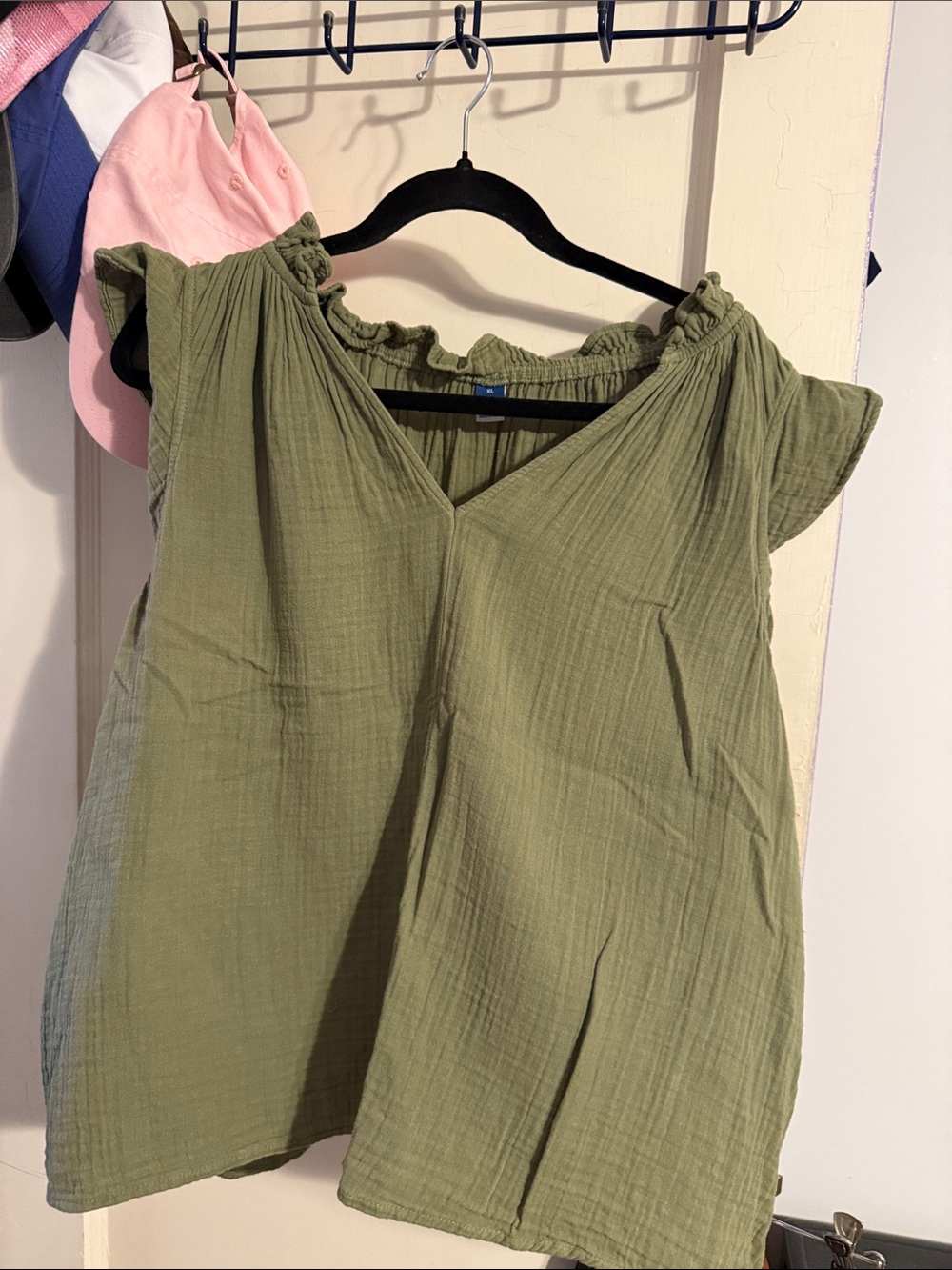 Old Navy Olive Green V-Neck Ruffled Cap Sleeve Top